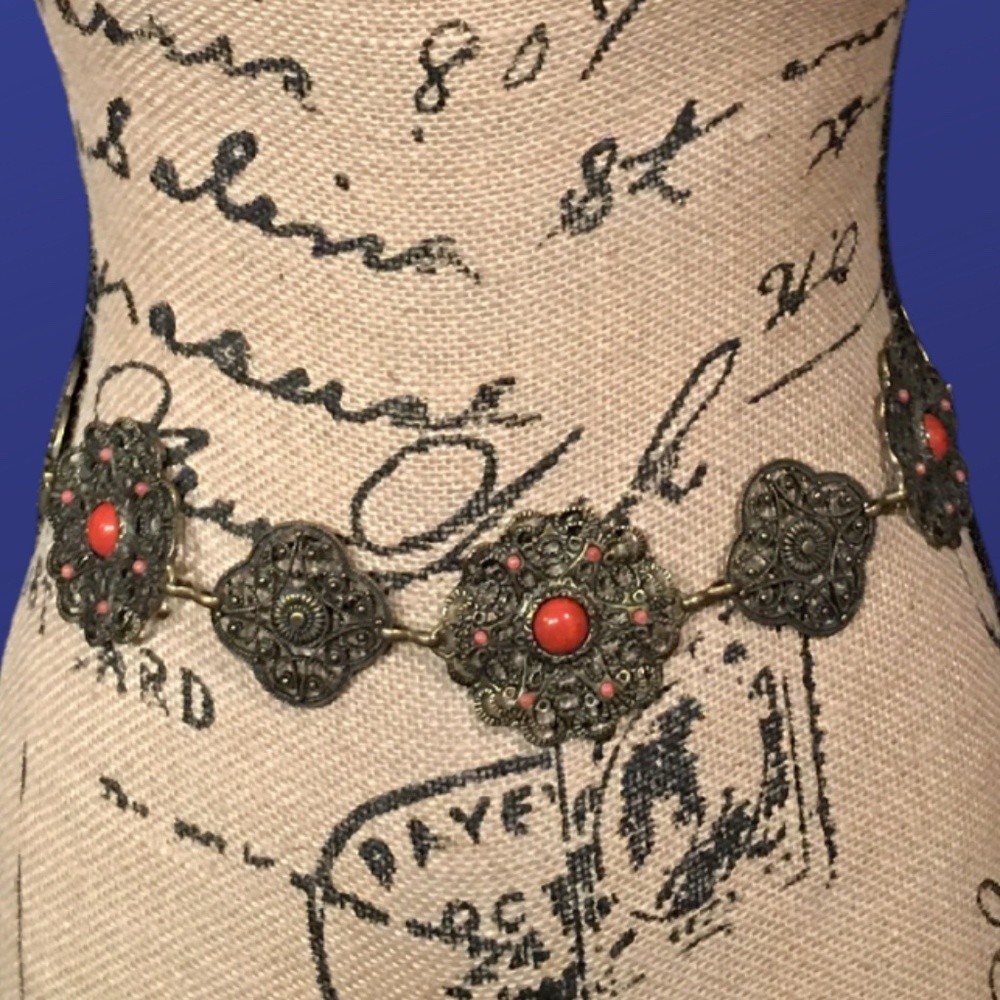 Bronze and Crimson Ornate Belt with Floral Motifs